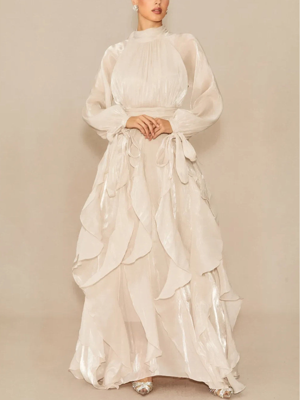 Estella Puff Sleeve Maxi Dress with Ruffle Trim and Bow Detail