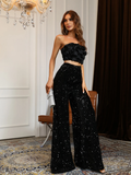 Black Strapless 3D Floral Sequin Two-Piece Evening Set