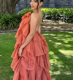 Halter Neck Layered Ruffle Dress with Tie-Back and Floral Detail