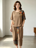 Ethnic Patchwork Linen-Cotton Short Sleeve Two-Piece Set