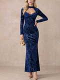 Mock Neck Cutout Lace Trim Modal Floral Mermaid Gown