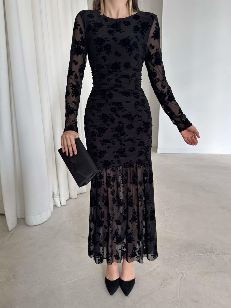 Mesh Patchwork Floral Print Mermaid Maxi Dress