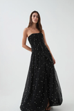 Strapless Ruched Pearl Bead Tulle Gown