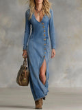 Long Sleeve V-Neck Button-Front Denim Maxi Dress