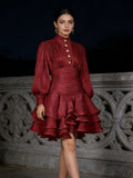 High Neck Puff Sleeve Ruffled Mini Dress