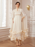 White Cape-Sleeve Ruffle Midi Dress with Lace-Up Waist and 3D Floral Appliqués