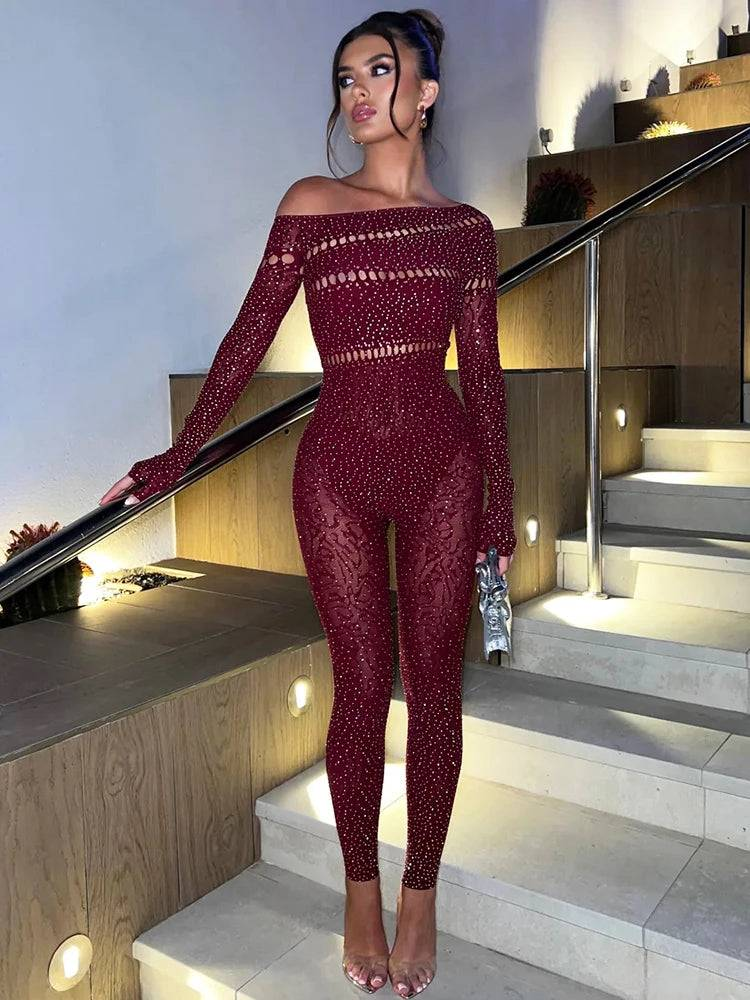 Rhinestone Cutout One-Shoulder Jumpsuit