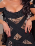 Black Off-the-Shoulder Lace Cutout Maxi Dress with High Slit