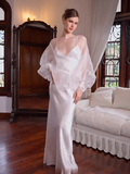 White Satin Maxi Dress with Sheer Organza Puff Sleeve Overlay