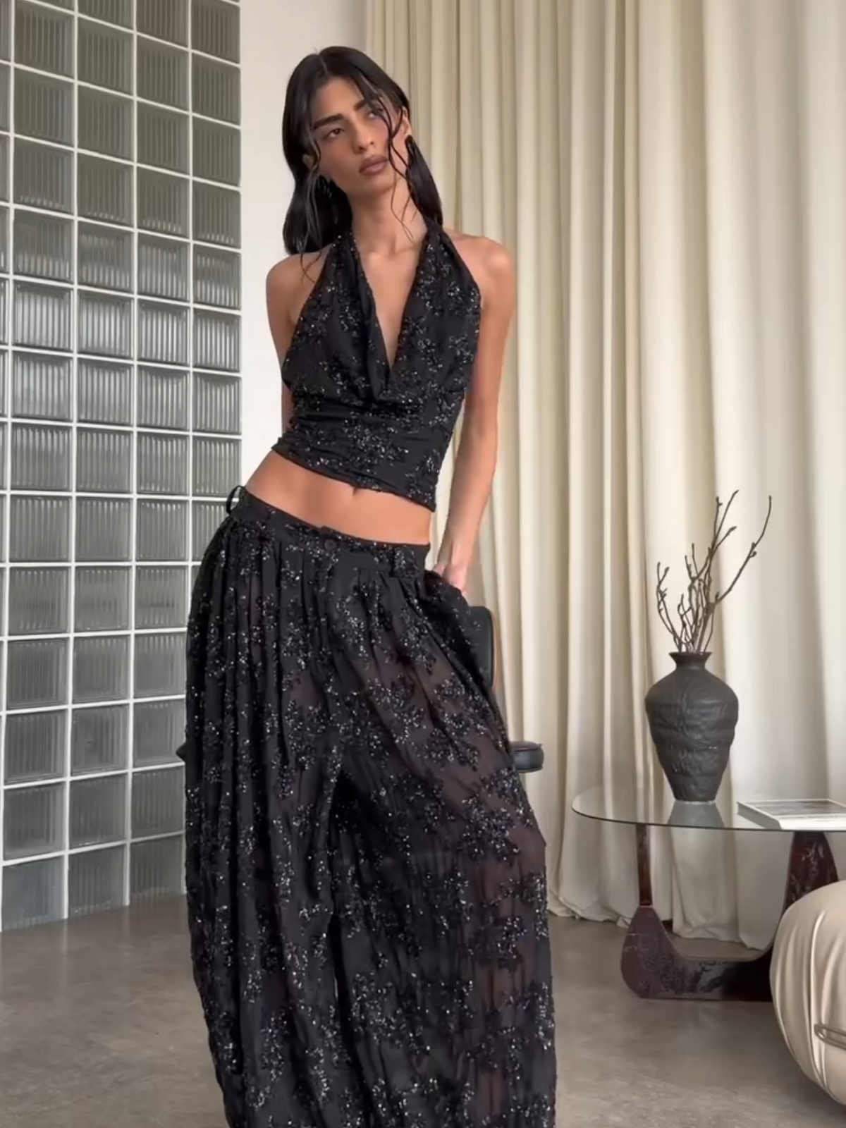 Black Sequin Halter Crop Top & Wide-Leg Pants Set