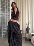 Black Sequin Halter Crop Top & Wide-Leg Pants Set