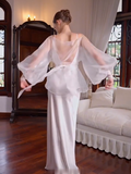 White Satin Maxi Dress with Sheer Organza Puff Sleeve Overlay