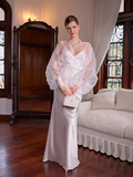 White Satin Maxi Dress with Sheer Organza Puff Sleeve Overlay