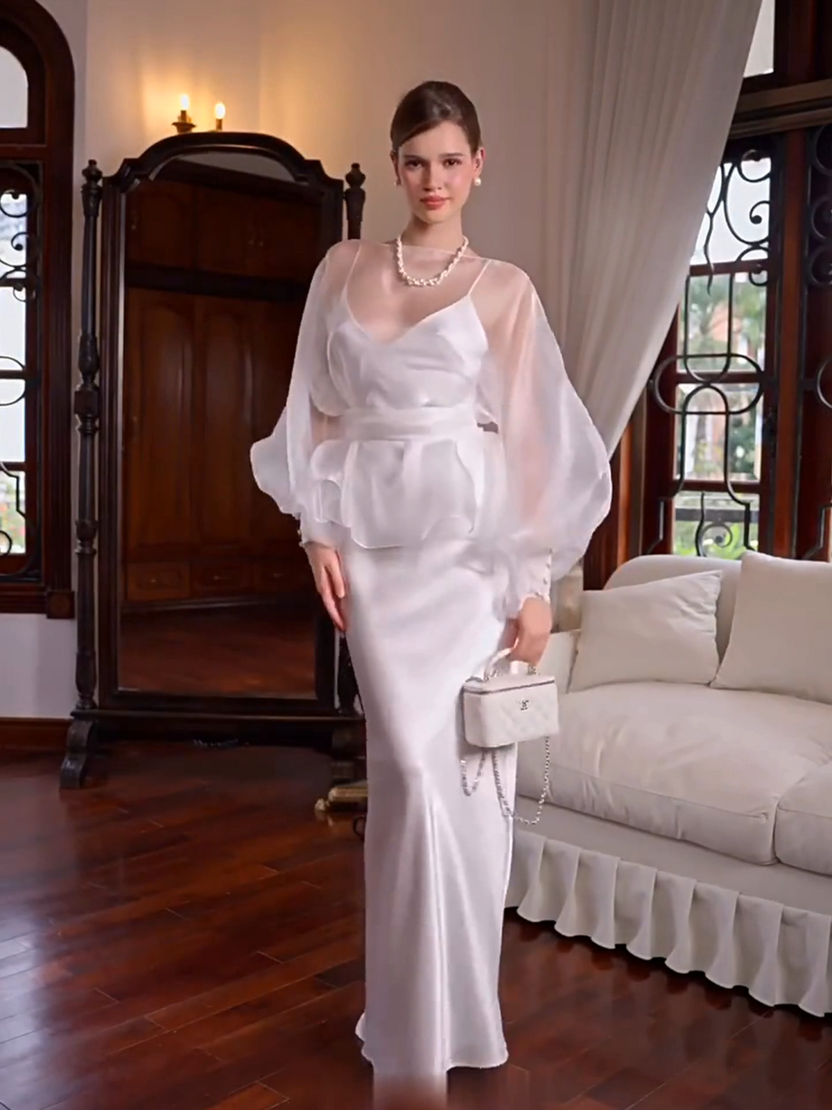 White Satin Maxi Dress with Sheer Organza Puff Sleeve Overlay