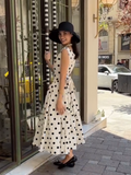 Vintage Polka Dot Boat Neck Midi Dress with Bow