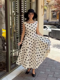 Vintage Polka Dot Boat Neck Midi Dress with Bow