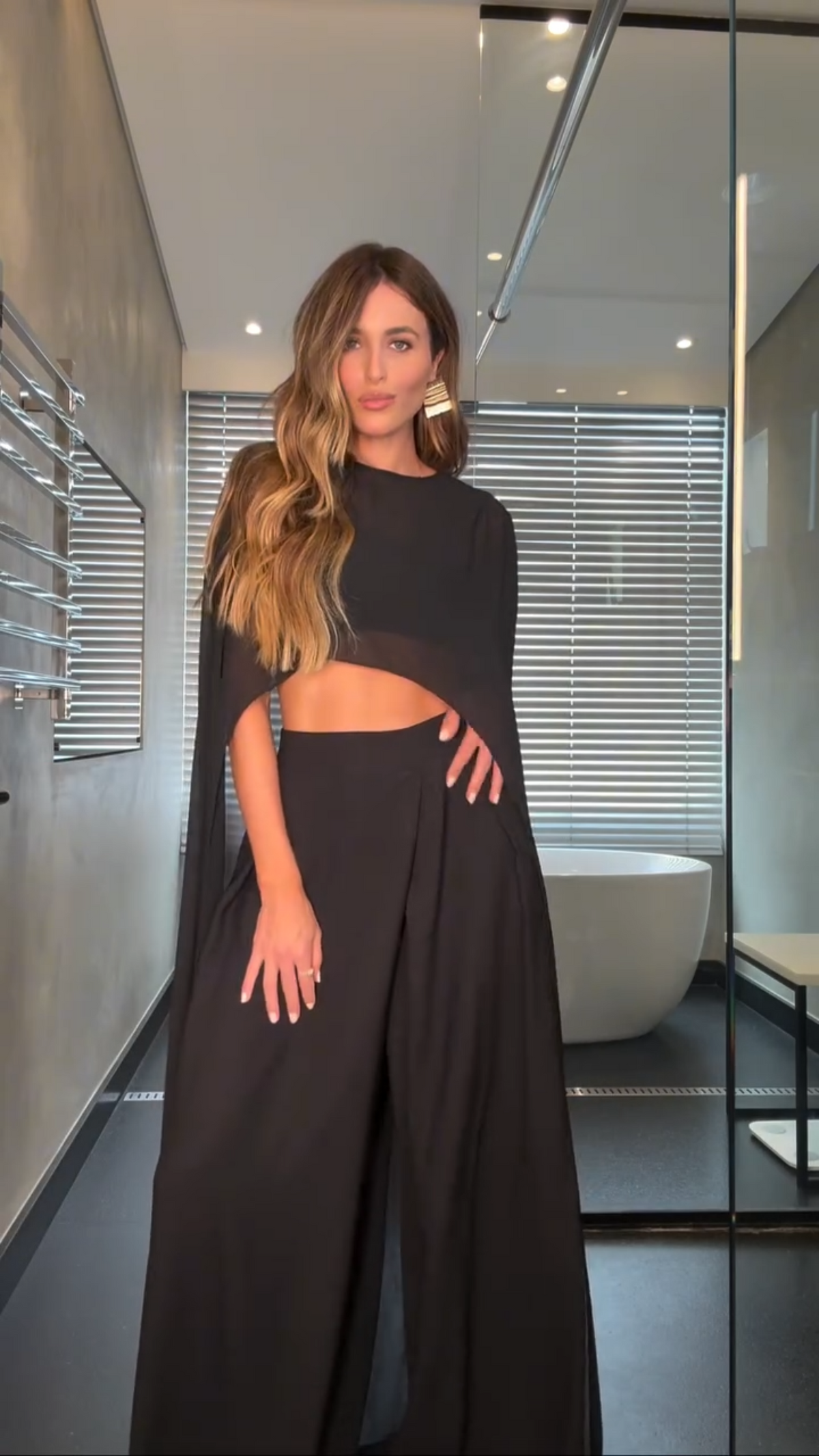 Black Sheer Capelet Two-Piece Set with Wide-Leg Pants