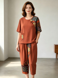 Ethnic Patchwork Linen-Cotton Short Sleeve Two-Piece Set