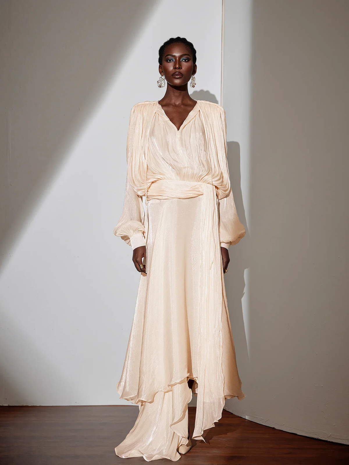 Elegant Satin Maxi Dress with Waist Tie and Asymmetric Hem