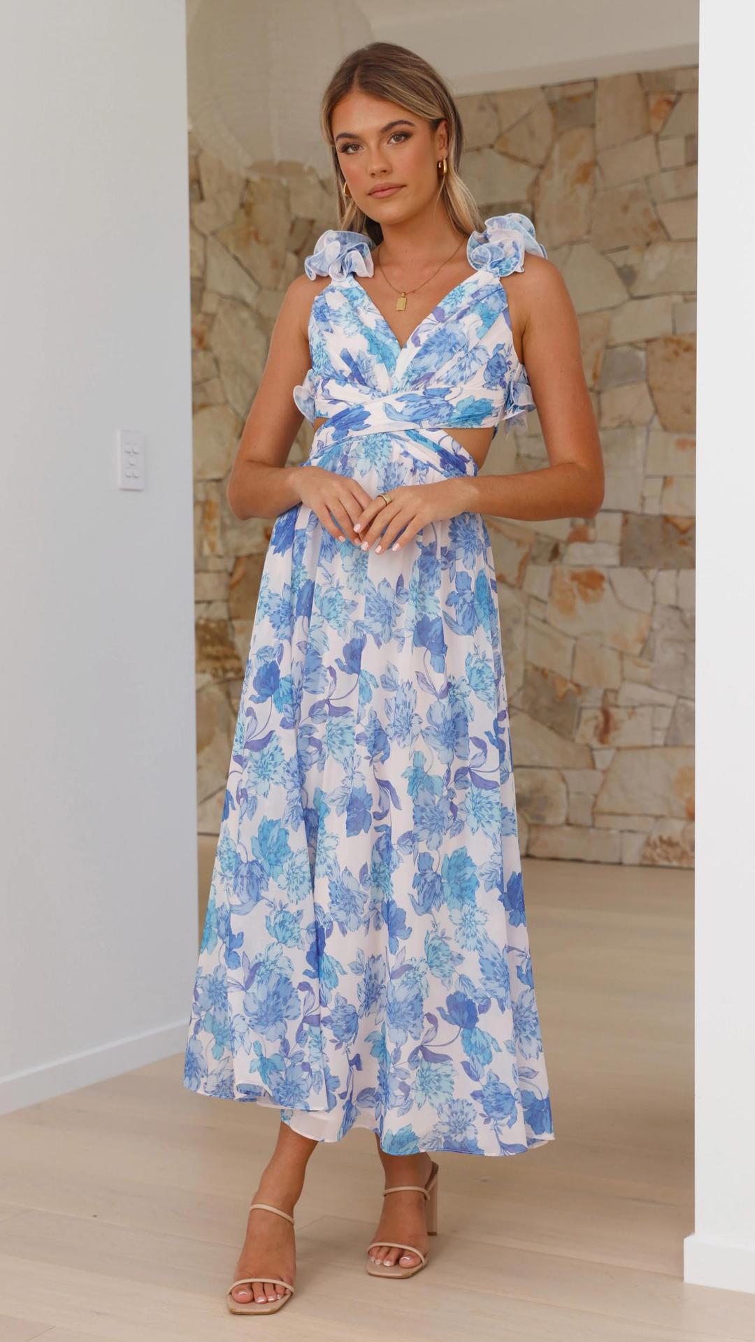 Floral Print Ruffle Strap Lace-Up Back Maxi Dress