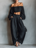 Off-the-Shoulder Linen-Blend Crop Top & Balloon Wide-Leg Pants Set