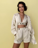 3-teiliges Set aus Leinenmischung: Oversize-Hemd + Bralette mit tiefem Ausschnitt + High-Waist-Shorts