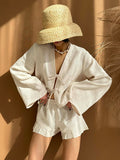 Cotton Tie-Front Cardigan & Ruffle Shorts Two-Piece Set