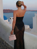 Black Strapless Lace Sheer Maxi Dress
