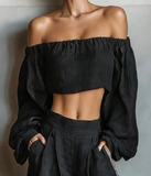 Off-the-Shoulder Linen-Blend Crop Top & Balloon Wide-Leg Pants Set