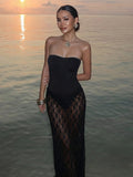 Black Strapless Lace Sheer Maxi Dress