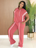 Striped Hooded Drawstring Casual Two Piece Pants Set