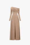 Asymmetrisches, schulterfreies, gerafftes Maxikleid mit hoher Taille 