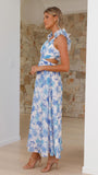Floral Print Ruffle Strap Lace-Up Back Maxi Dress