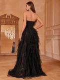 Midnight Muse Strapless Black Tulle High-Slit Evening Dress