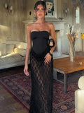 Black Strapless Lace Sheer Maxi Dress