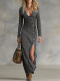Long Sleeve V-Neck Button-Front Denim Maxi Dress