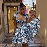 Blue Floral Print Tie-Shoulder Mini Dress