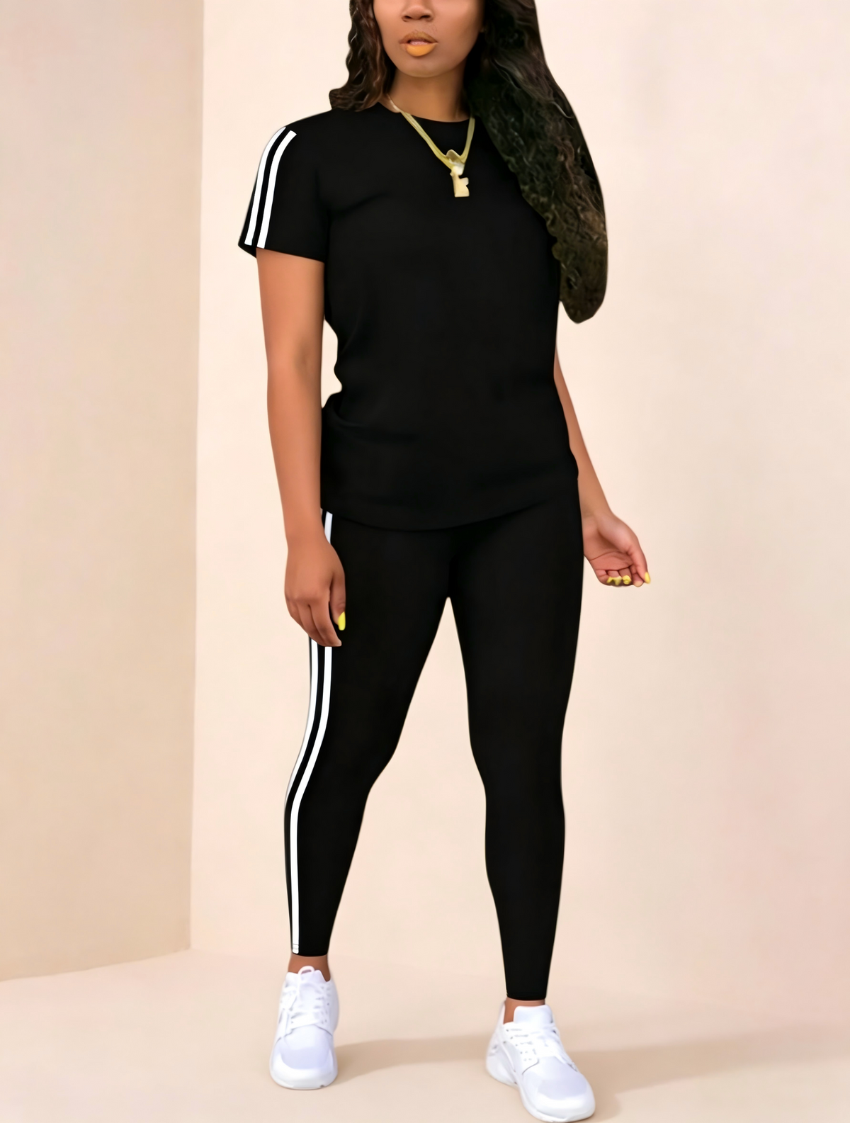 Striped Short Sleeve Top & Leggings Two-Piece Activewear Set