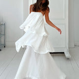 White Satin Tiered Ruffle Maxi Slip Dress