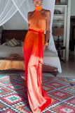 Halter Neck Tie-Back Gradient A-Line Dress with Sleeveless Design