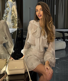 Tie-Front Top and High-Waist Ruched Skirt Two-Piece Set with Puff Sleeves