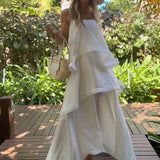 White Satin Tiered Ruffle Maxi Slip Dress