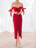 Sweetheart Neck Bow Strap Slit Midi Evening Dress
