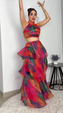 Rainbow Tie-Dye Halter Crop Top & Tiered Ruffle Maxi Skirt Set