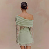 One-Shoulder Lace Patchwork Knit Bodycon Mini Dress