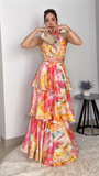 Watercolor Floral Halter Crop Top & Tiered Ruffle Maxi Skirt Set