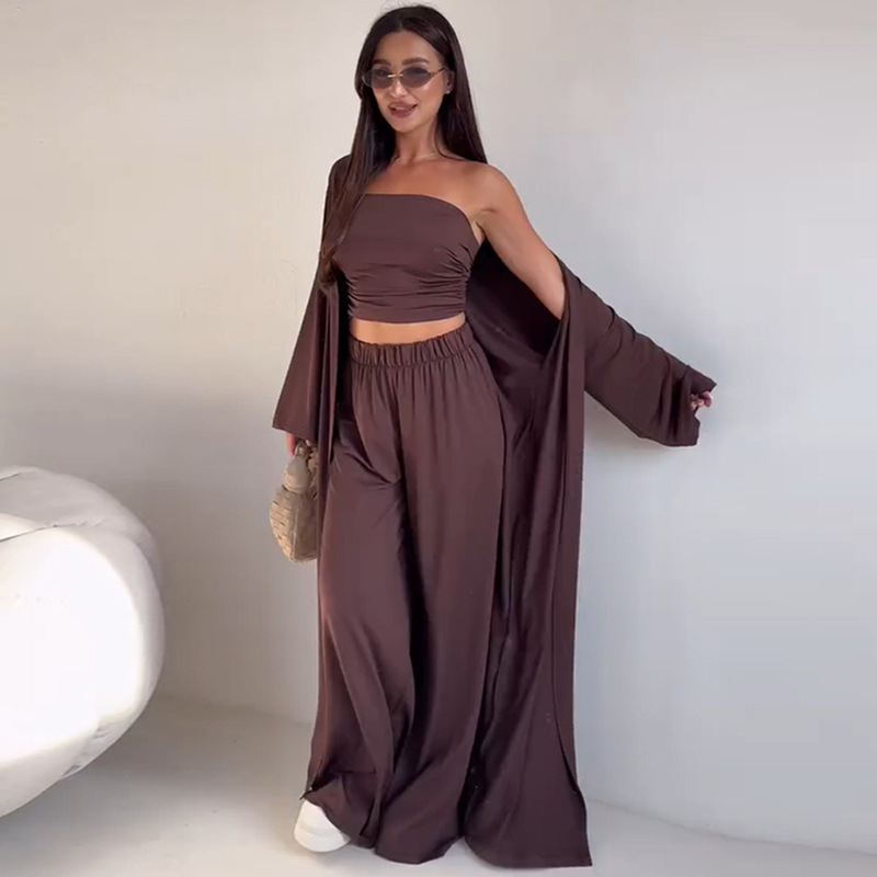 Casual Strapless Tank, Cardigan, and Wide-Leg Pants Three-Piece Set
