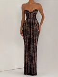 Lace Stripe Strapless Backless Bodycon Maxi Dress