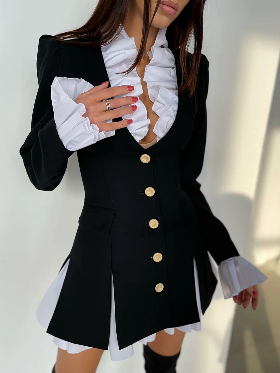 Black Tailored Blazer Mini Dress with Ruffled Shirt Detail