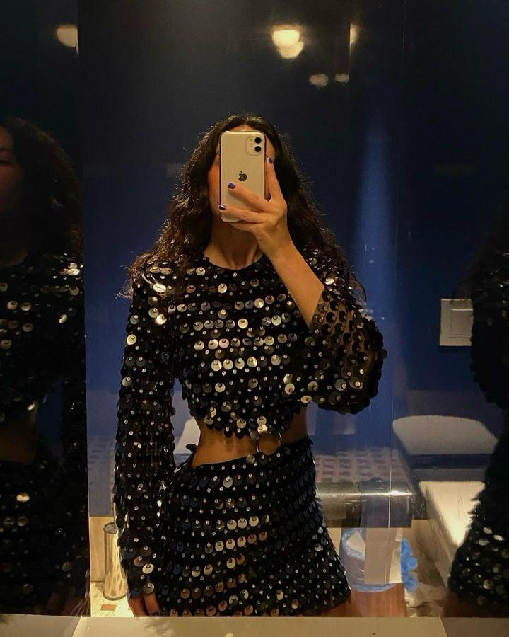 Sequin Long Sleeve Cut-Out Bodycon Dress with Flared Sleeves